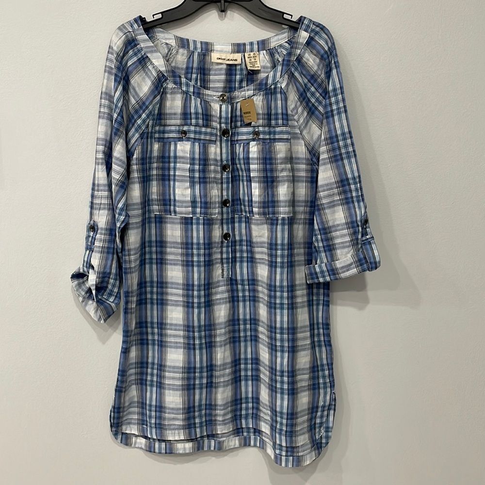 NWT DKNY Jeans Women's 3/4 Sleeve V-Neck Casual Plaid Tunic Shirt Size XS